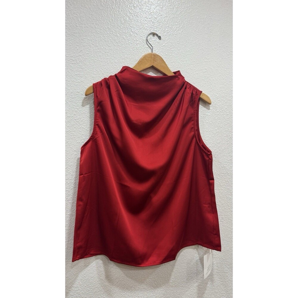 Cicy Bell Red Satin Blouse Size L Sleeveless Draped Neck Elegant Top